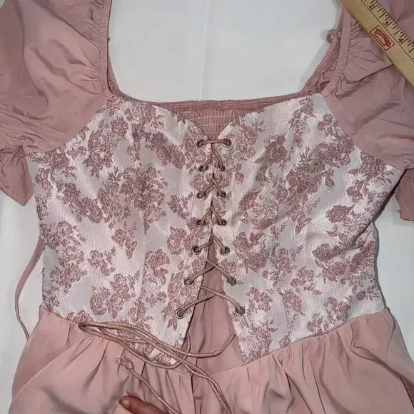 Fairycore Coquette Corset Lace Up Pink Mini Dress Puff Sleeve Cottagecore  Large - Picture 11 of 13